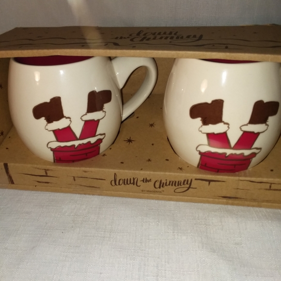Magenta Down The Chimney Christmas Santa Mugs Coffee Cocoa Cups Set of 2 NEW - Picture 2 of 10
